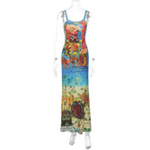 Retroable Personalized Printed off Neck Strap Dress