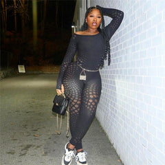 Long Sleeved Knitted See through Slim Fit High Waist One Piece Trousers