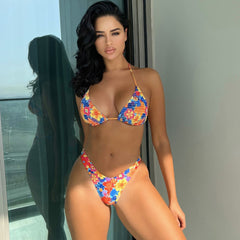 Split Swimsuit Smocking Printed Lace Up Bikini