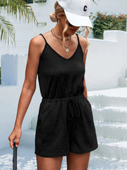 Einfarbige, lockere, lässige Jumpsuit-Shorts mit V-Ausschnitt