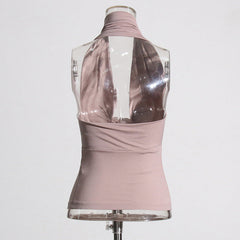 V neck Socialite Chest Pleated Beauty Back Halter Strap