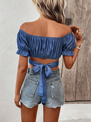Solid Color off Neck Back Waist Strap Top Crop Top Short Top