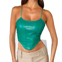 Solid Color Cropped Backless Faux Leather Camisole