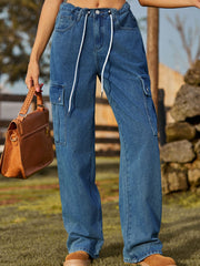 Denim Drawstring Adjustable Washed Cargo Pants Trousers Casual Pants