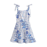 Elegant Shoulder Lace-up Blue Printed High Waist Dress Tiered Dress Tie Strap tie strap