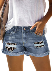 Short en jean décontracté à patch léopard