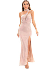 Robe de soirée dos nu en maille avec coutures et sequins