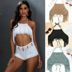 Maillot de bain bandeau noué à pompons et crochet pour vacances à la plage