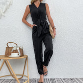 Solid Color Straight Slim Black Rayon Jumpsuit