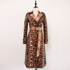 Snakeskin Leopard Print Long Trench Coat Goddess Long Sleeve Leather Jacket Overcoat