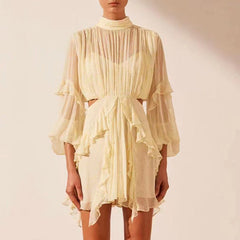 Vacation Solid Color A line High Collar Ruffled Waist Tight Hollow Out Cutout out Short Dress