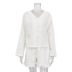 Anzug Beige Langarm Lose Freizeithemd Hohe Taille Shorts Zweiteiliges Set