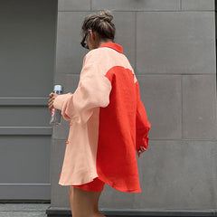 Ensemble deux pièces chemise et short à manches longues et coutures amples de couleur contrastée de Street Casual