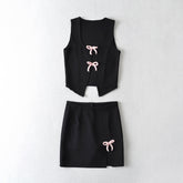 Suit Bow Lace up Sleeveless Top Sheath Split Skirt