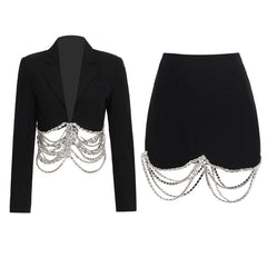 Skirt Set Rhinestone Chain Stitching Black Short Sheath Slim Skirt
