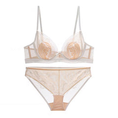 Französische Mesh-Stickerei Kontrastfarbe Unterwäsche Große Brust Zeigen Push-up Atmungsaktiver BH Kaninchenohr-Cup-BH-Set