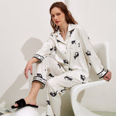 Langarm-Pyjama mit Fischgrätenmuster, Eisseiden-Pyjama, Katzen-Homewear, kann draußen getragen werden