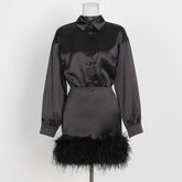 Elegant Socialite Personalized Satin Hip Collared Long Sleeve Solid Color Hem Feather Dress