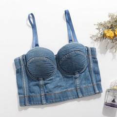 Denim Camisole Beauty Back Cropped Free Underwear Outer Wear Boning Corset Top All Match Nightclub Disco Tube Top