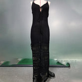 Beach Dress Solid Color Spaghetti Straps Knitted Hollow Out Cinched Tassel Midi Dress Swimsuit Blouse