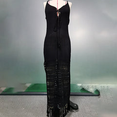 Beach Dress Solid Color Spaghetti Straps Knitted Hollow Out Cinched Tassel Midi Dress Swimsuit Blouse