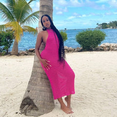 Halter Backless Maxi Dress Knitted Sleeveless Beach Bohemian Long Hollow Out Cutout Dress