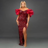 Rüschen V-Ausschnitt Elegante Sequ High-End Maxikleid Bankett Abendkleid Partykleid