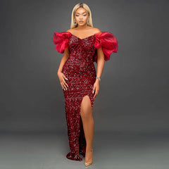 Rüschen V-Ausschnitt Elegante Sequ High-End Maxikleid Bankett Abendkleid Partykleid