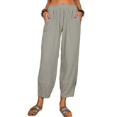 Pantalon décontracté en coton et lin de couleur unie, ample, sarouel pour la maison