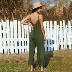 Casual Suspender Jumpsuit Loose Solid Color Simple Wide Leg Pants