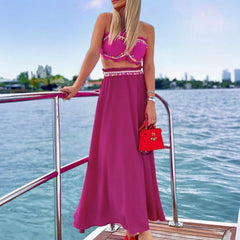 Solid Color Split Swimsuit Tassel Tube Top Halter Backless Bikini