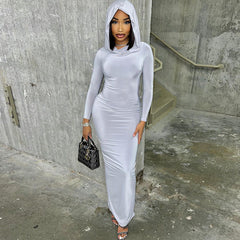 Hooded Solid Color Tight Dress Socialite Long One Step Hip Dress Long Sleeve Pullover