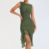Robe mi-longue plissée à dos nu et col rond sans manches