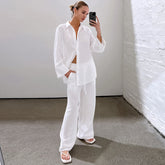 White Skin Friendly Pure Cotton Fabric Long Coat Trousers Set Neutral Minimalist Street