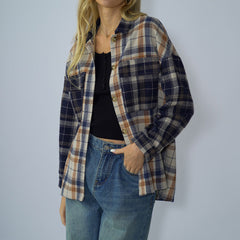 Loose Stitching Off Shoulder Plaid Long Sleeve Single Breasted T Shirt Sweater