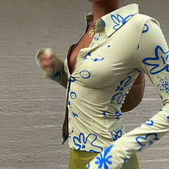 Collared Print Cardigan Button Casual Shirt Top