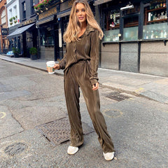 Pleated Casual Shirt Outfit Long-Sleeved Trousers High Waist Loose Drooping