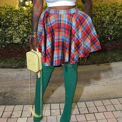 Slit Raw Cloth Cotton Plaid Skirt Nightclub Elastic Mini Skirt