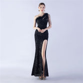 Ostrich Hair Craft Oblique Shoulder Side Slit High End Evening Dress