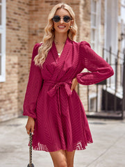 Robe décontractée de couleur unie avec taille nouée et manches longues et col en V transparente