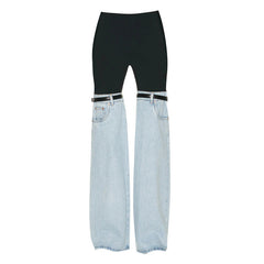 Stitching Jeans High Waist Straight Wide Leg Advanced Personality Chic Pants