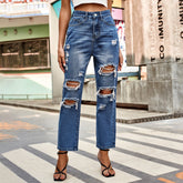 All Match Wash Zerrissene Gerade Denim Knöchellange Hose Tide
