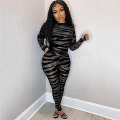 Striped Printed Sheer Mesh Jumpsuit