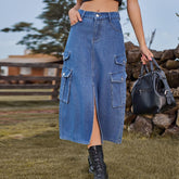 Elastischer Bund Denim Cargohose Lässiger Midikleidrock