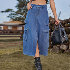 Elastischer Bund Denim Cargohose Lässiger Midikleidrock