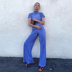 Slimming T shirt High Waist Blue Pleated Wide Leg Pants Casual Suit