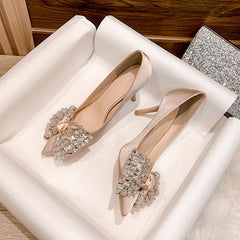 Damen Spitzschuh Satin Brautjungfer Schleife Strass