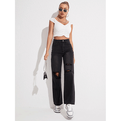 Jeans Black Ripped Straight Casual Trousers Street