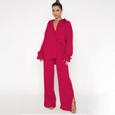 Einfarbiger Polokragen, einreihiger Anzug mit langen Ärmeln und gebundenem Oberteil, eleganter Hose