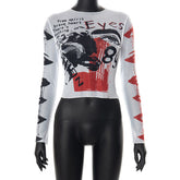 round Neck Pullover Long Sleeve Mesh Printed Cropped Exposed Casual Top